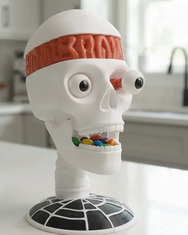 Un crâne imprimé en blanc, bandeau orange en travers du front, un œil sorti de son orbite, la mâchoire grande ouverte et pleine de bonbons colorés, posé sur un socle noir en toile d'araignée.