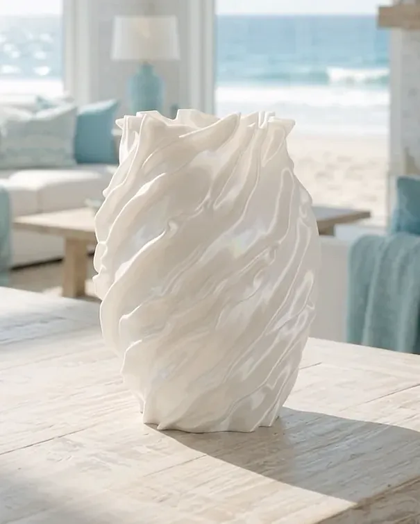 Un vase blanc à la paroi plissée comme un drapé, posé sur une table en bois clair devant une baie vitrée ouverte sur la mer.